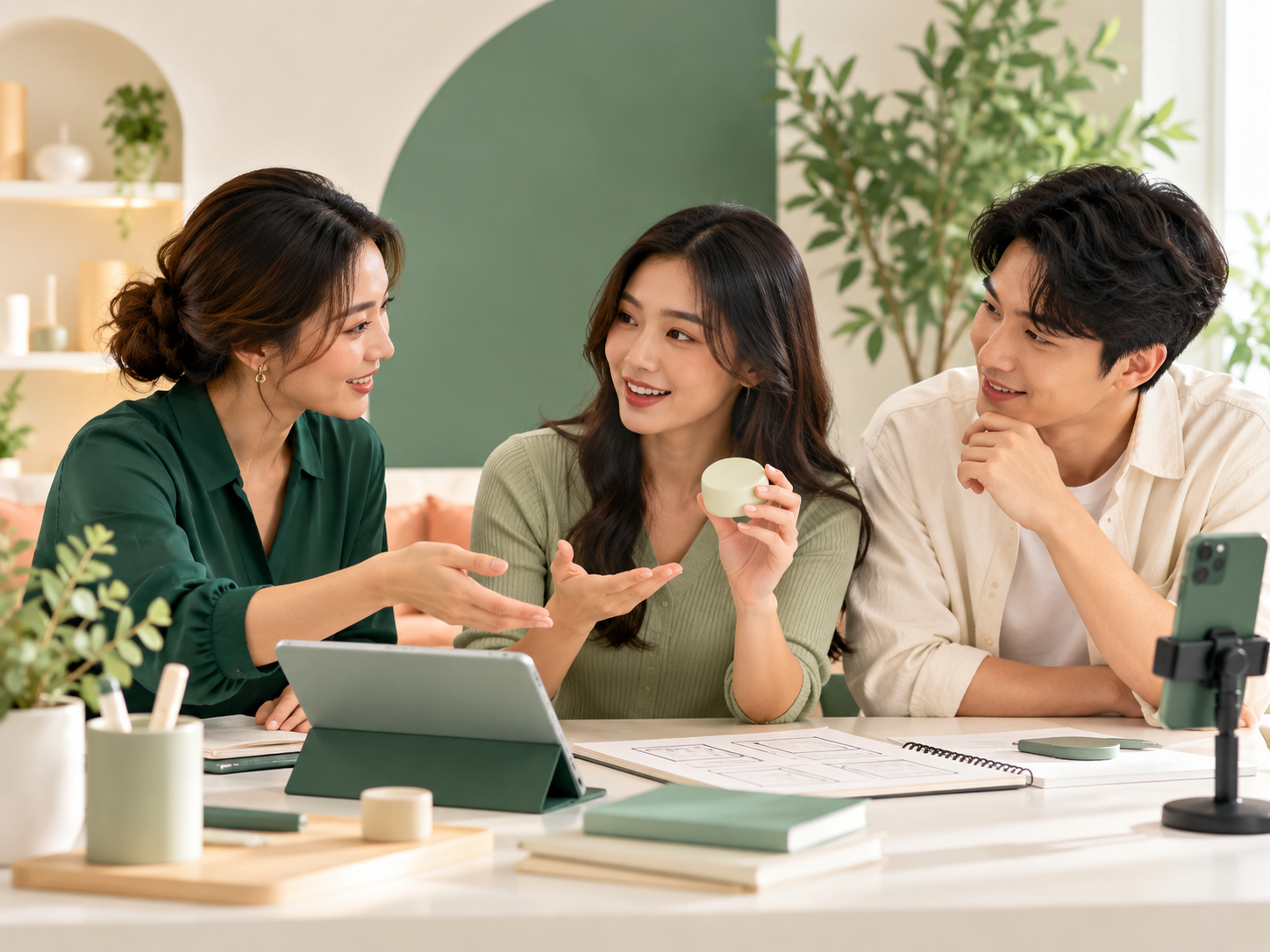 AI-generated illustration of a coach guiding colleagues through a product presentation exercise